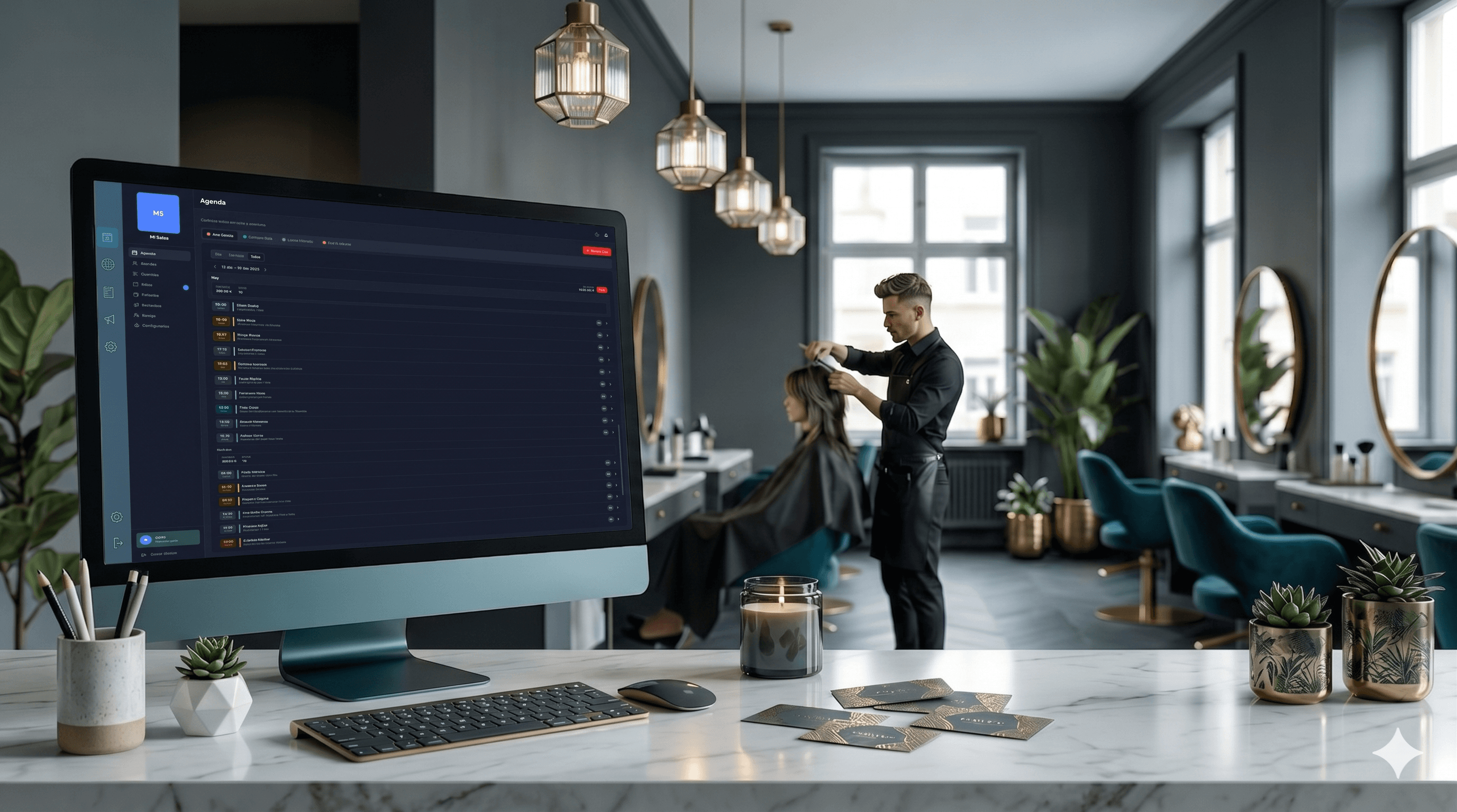Recepción de salón de belleza con dashboard